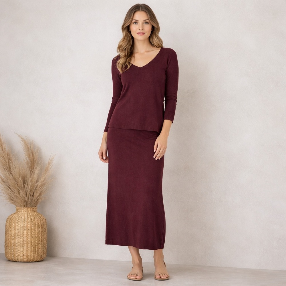 Peruvian Connection Burgundy Knit Midi Skirt Set Pima Cotton Minimalist Chic L